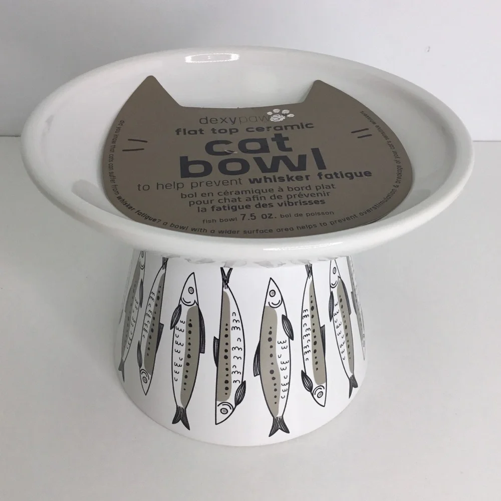 Raised Cat Kitten Food Bowl Elevated White with Fish Images NEW